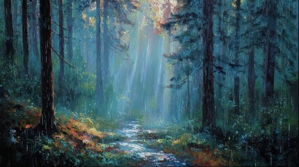 Lush forest during a sun shower