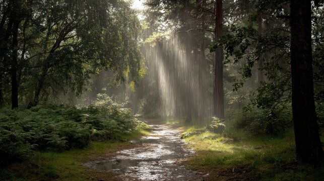 Golden light and rain in woods