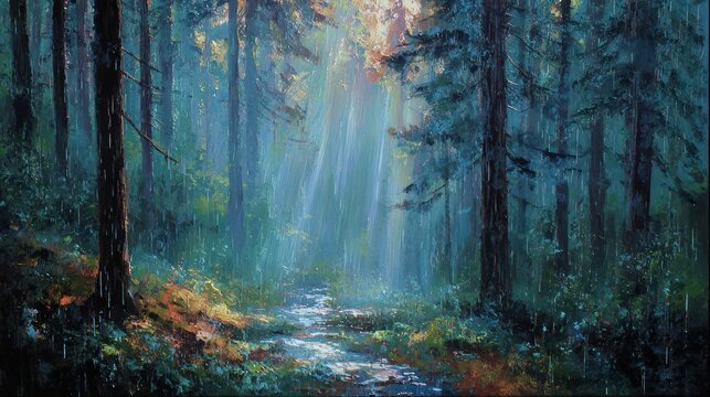 Lush forest during a sun shower