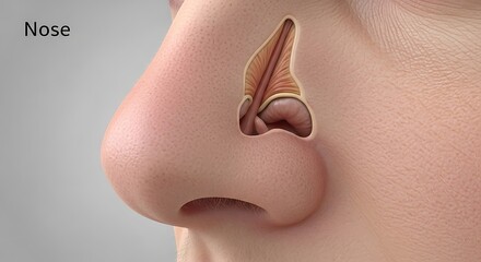 Detailed rendering showing cross section of human nose revealing internal nasal cavity structures