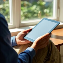 Person holding a digital tablet with a blank screen, sitting by a window with natural light and green foliage, illustrating modern technology