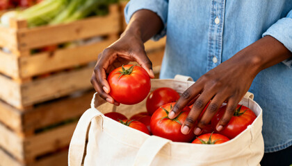 Hands of a Black person selecting ripe tomatoes at a farmers market. Sustainable shopping with a reusable canvas bag for fresh, local produce.
