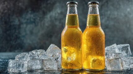 Icy glass bottles of fresh lager