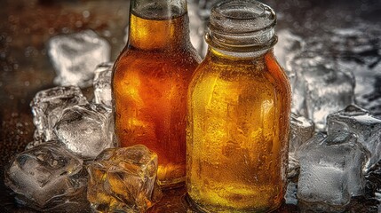 Frosty beer bottles in cold ice
