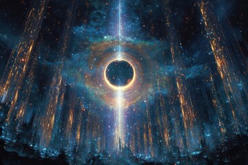 Ringed planet above vertical glowing light structures