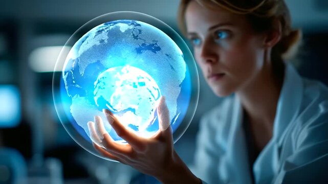 Researcher interacting with holographic linguistic interface displaying global processing capabilities defocused laboratory environment speech understanding technology sentiment