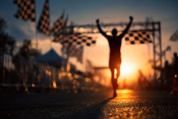 Runner crossing the finish line at sunset