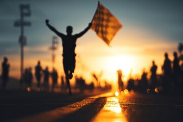 Athletic victory at sunset race finish line