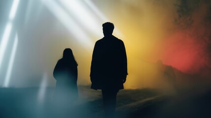 Silhouettes of two people standing in a smoky, atmospheric environment with dramatic light beams and contrasting warm and cool colors