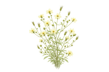 Delicate white flowering plant with thin green leaves growing wild, blooming on clear transparent background
