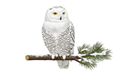 Realistic Snowy Owl on Pine Branch with Snow Dusting Isolated on Transparent Background PNG

