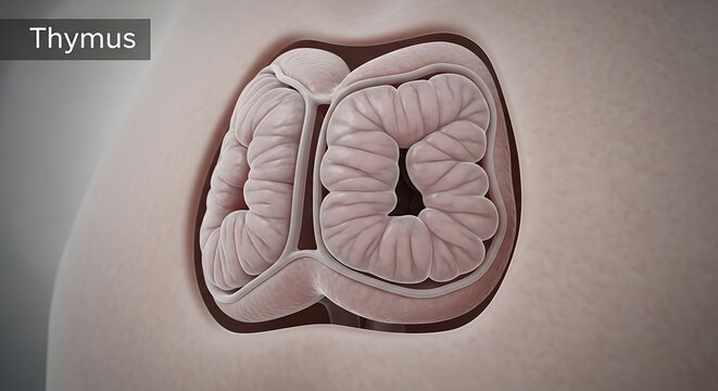 Anatomical structure of human thymus gland showing lobulated surface and surrounding connective tissue
