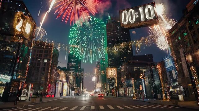 New Year Countdown Fireworks City Street Scene.