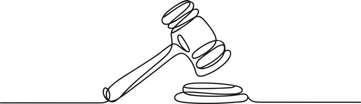 One line drawing of judge hammer law symbol continuous hand drawn sketch minimalist design vector illustration. one line Art icon drawing