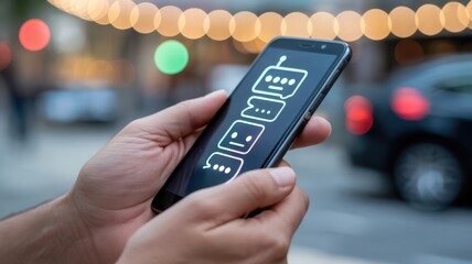 A person holds a smartphone displaying a chatbot interface, representing artificial intelligence, digital communication, and modern technology