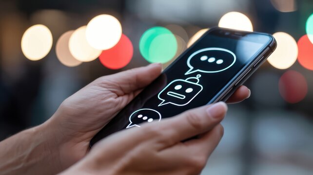 Hands holding a smartphone displaying an ai chatbot interface with speech bubbles and a robot icon, symbolizing digital communication and support - Powered by Adobe