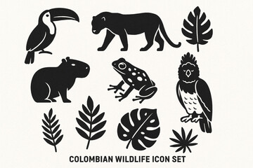 Fototapeta premium Colombian Wildlife Icon Set with Toucan, Jaguar and Tropical Animals in Geometric