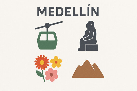 Medellin City Icon Set with Metrocable, Botero Art and Floral Festival Symbols