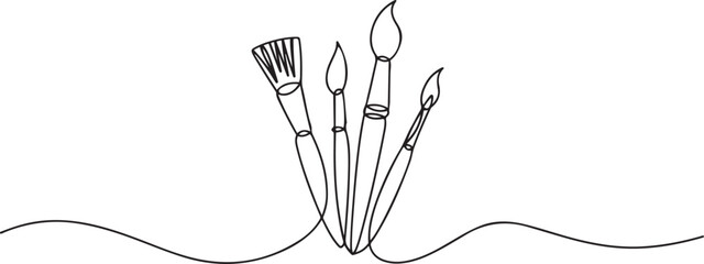 Paint brushes continuous one line drawing. Isolated on white background vector, one line Art icon drawing © MDROBIUL