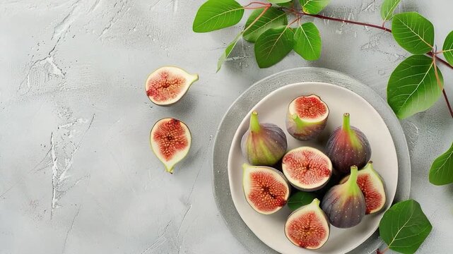 Video Fresh figs arranged on a white plate accompanied by green leaves, perfect for a still life or food 