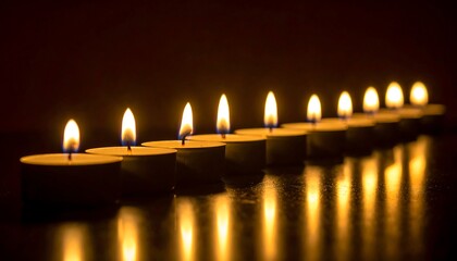 Silent Row of Candles Flickering Reflective Surface Dark Room