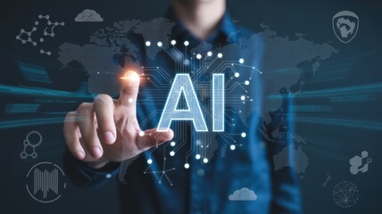 Human hand touching a glowing ai text, symbolizing artificial intelligence, global technology, data, and future innovation