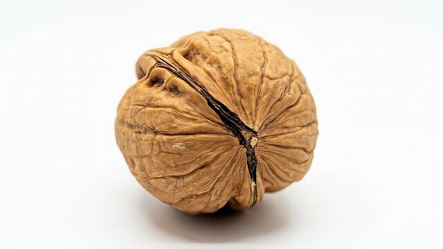 Closeup of a single walnut with textured shell on a white background.
