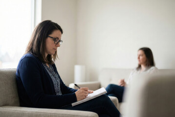 Therapist writing notes during counseling session