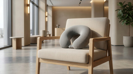 Travel neck pillow on modern lounge chair interior
