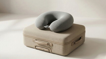 Travel neck pillow resting on suitcase studio scene