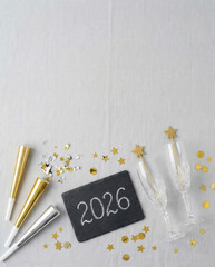 2026 new year celebration flat lay with champagne