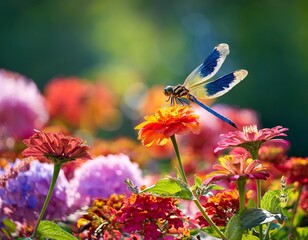 colorful dragonfly hovering over vibrant flowers in a garden