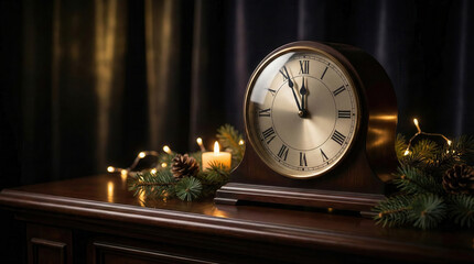 Vintage mantel clock with warm holiday decoration