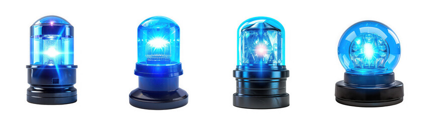 Blue emergency lights with different designs and shapes isolated on transparent background