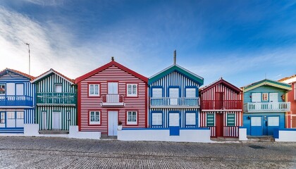 costa nova portugal is adorned with vibrant striped houses known as palheiros featuring delightful red blue and green stripes