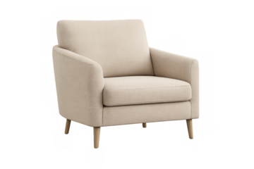 Beige single accent armchair with wooden legs, modern furniture for interior home office living room design
