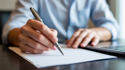 Closeup of a persons hands holding a pen and writing on a blank piece of paper, with a laptop nearby, suggesting work or study