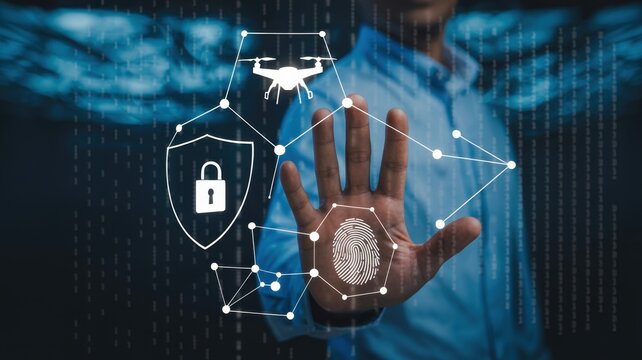Advanced digital security concept with human hand, biometric fingerprint, cybersecurity shield, and drone, symbolizing data protection - Powered by Adobe