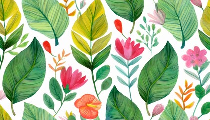 watercolor painting of leaf and flowers seamless pattern on white background
