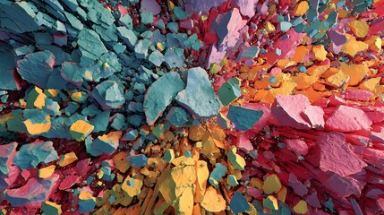 Abstract representation of shield breaking into colorful fragments