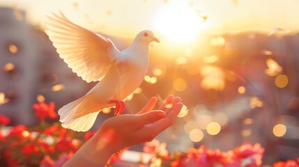 Praying hands and a white dove soaring at sunset, symbolizing hope and freedom in life.