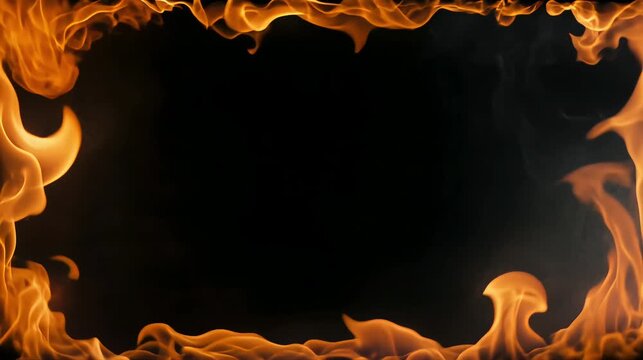 bright dynamic fire frame on black background, burning flames logs flickering sparks, cinematic fiery motion, glowing orange red yellow fire, isolated dark background with copy space and firewood