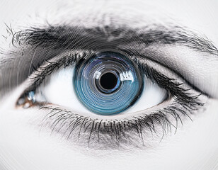 Obraz premium AI eye with concentric data rings, white background.
