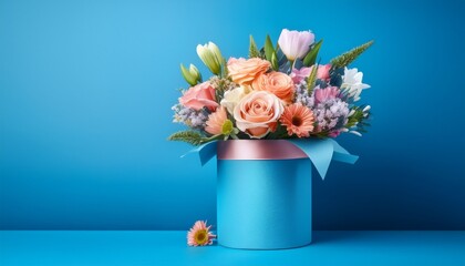 bouquet of flowers in a blue box on a blue background
