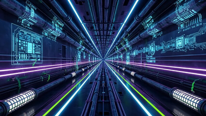 Futuristic tunnel with neon lights and circuit patterns, creating a high-tech atmosphere.