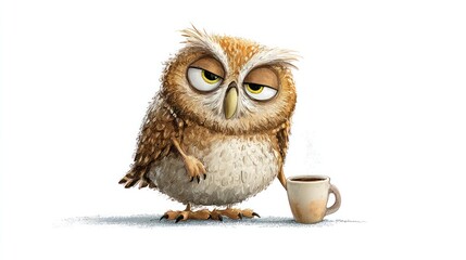 Exhausted owl holding coffee cup isolated view