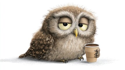 Sleepy owl character clutching a warm mug