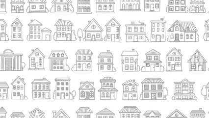 Fototapeta premium Hand drawn house pattern in doodle style, seamless neighborhood buildings background, black and white architectural line art EPS vector