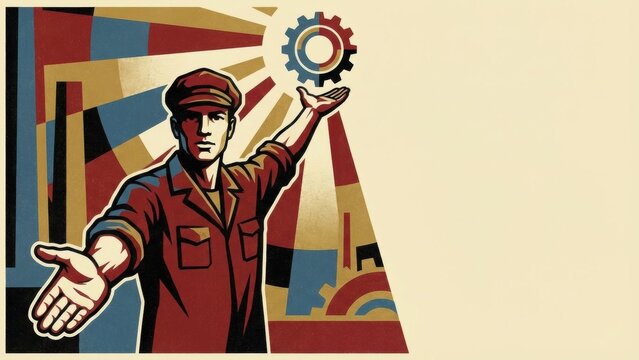 Worker man with outstretched hand presenting a cogwheel against an industrial background with abstract rays, a classic propaganda-era illustration.