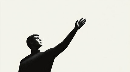 Solitary man reaching upward in mid century agitational propaganda illustration style for vintage design and strong message